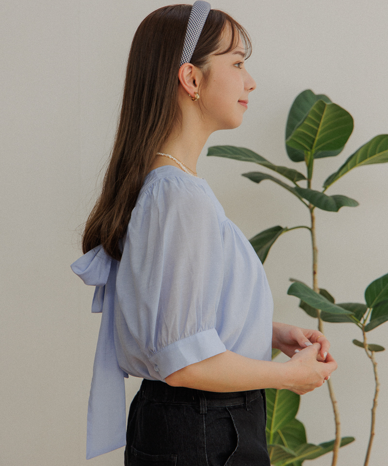 OUTLET】ribbon puff half blouse～リボンパフハーフブラウス