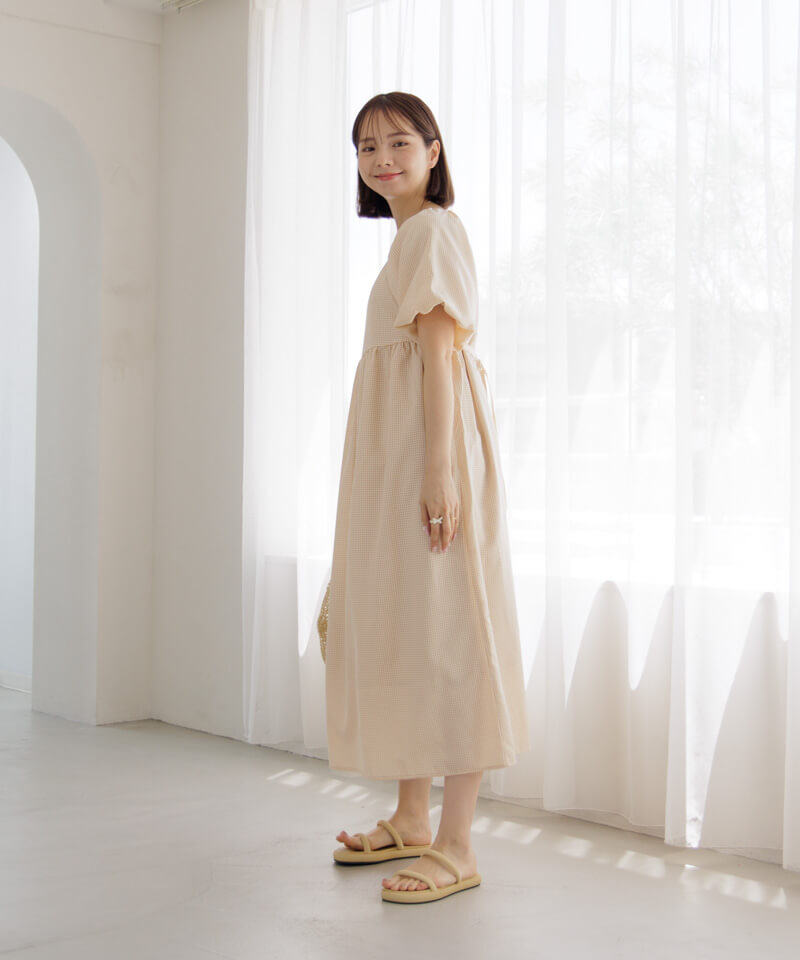 50%OFF】check puff onepiece～ﾁｪｯｸﾊﾟﾌﾜﾝﾋﾟｰｽ | flower