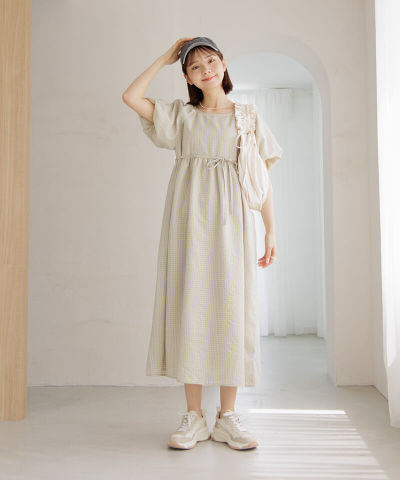 50%OFF】check puff onepiece～ﾁｪｯｸﾊﾟﾌﾜﾝﾋﾟｰｽ | flower