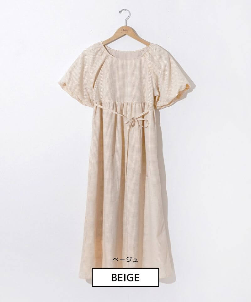 50%OFF】check puff onepiece～ﾁｪｯｸﾊﾟﾌﾜﾝﾋﾟｰｽ | flower