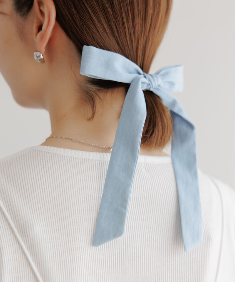 ¨̮お花モチーフ×デニムリボンのヘアゴム　プレゼント付き☆ デニム リボン パール付 ヘアゴム ヘアアクセ 幅広 蝶々結び