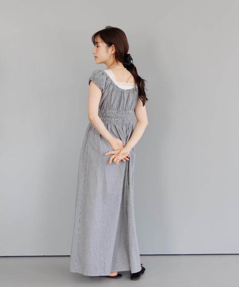 M'S GRACY フラワーモチーフギンガムチェック　バルーンワンピース 38 M'S GRACY フラワーモチーフギンガムチェック バルーン