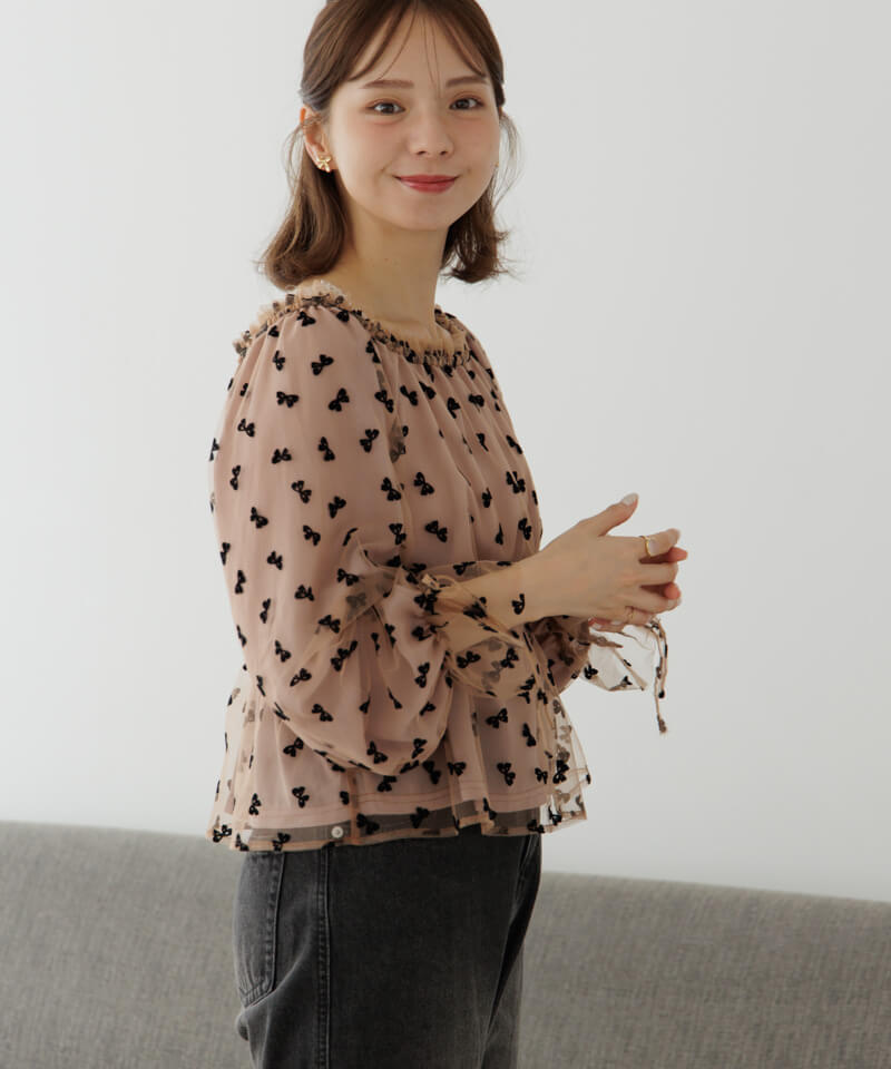 50%OFF】tulle ribbon blouse～ﾁｭｰﾙﾘﾎﾞﾝﾌﾞﾗｳｽ | flower