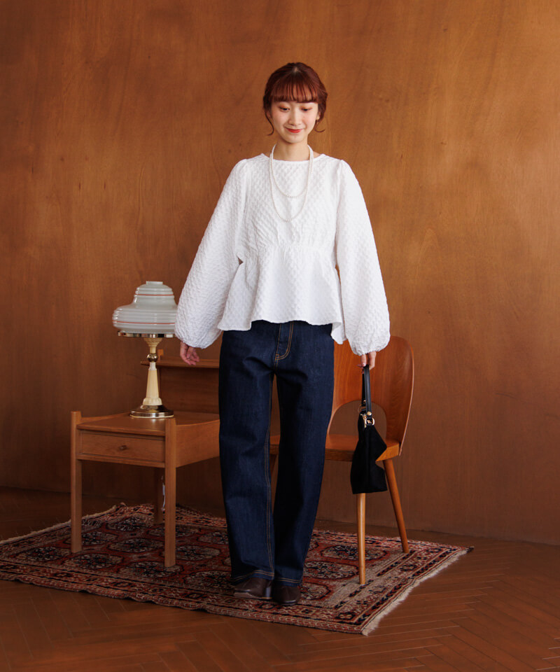 40%OFF】waffle jacquard blouse～ﾜｯﾌﾙｼﾞｬｶﾞｰﾄﾞﾌﾞﾗｳｽ | flower 