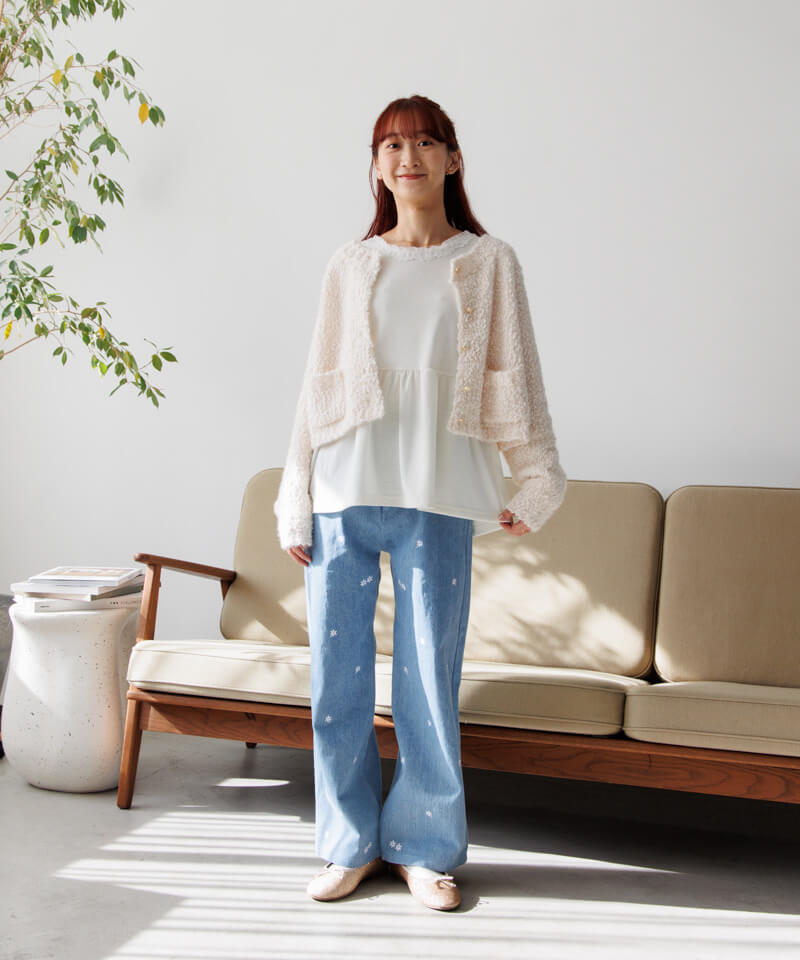 damage flower motif knit shirt cardigan / ダメージ加工フラワー