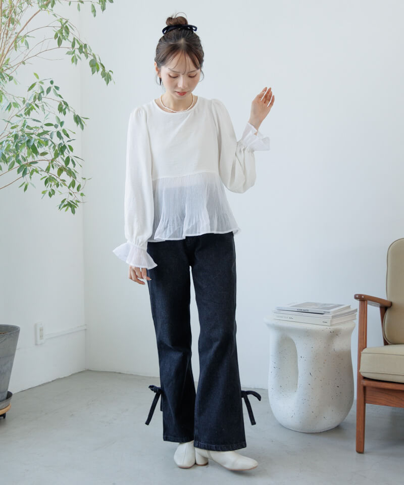 【BULBU-BU】 美品Ribbon Slim Denim Bow Stamped Jeans (JN012-SB-SKY-BLUE)
