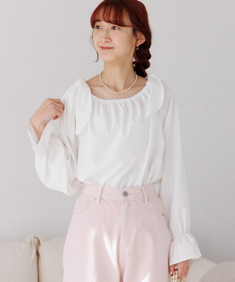 roughlow shoulder ribbon blouse ホワイト roughlow shoulder ribbon blouse ホワイト