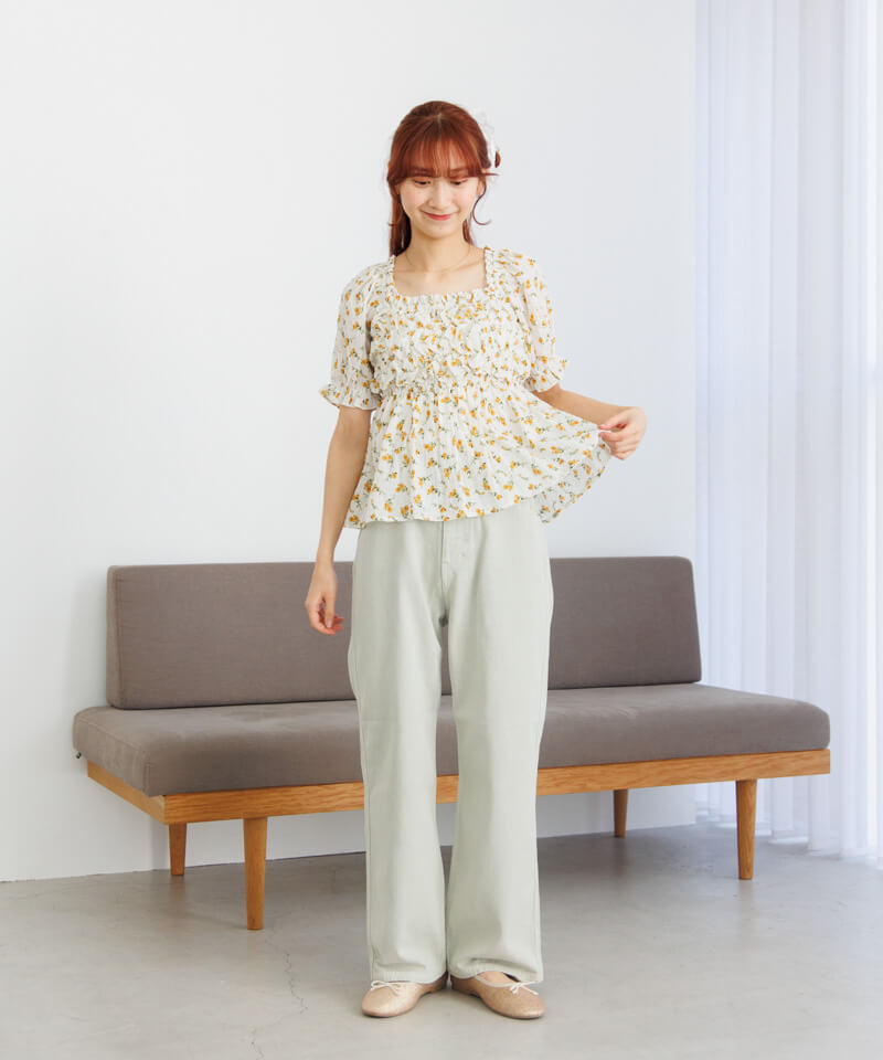 【新品・未使用】flower クランプルブルームトップ ブルー 花柄ブラウス 20%OFF】crumple bloom top～ｸﾗﾝﾌﾟﾙﾌﾞﾙｰﾑﾄｯﾌﾟ | flower