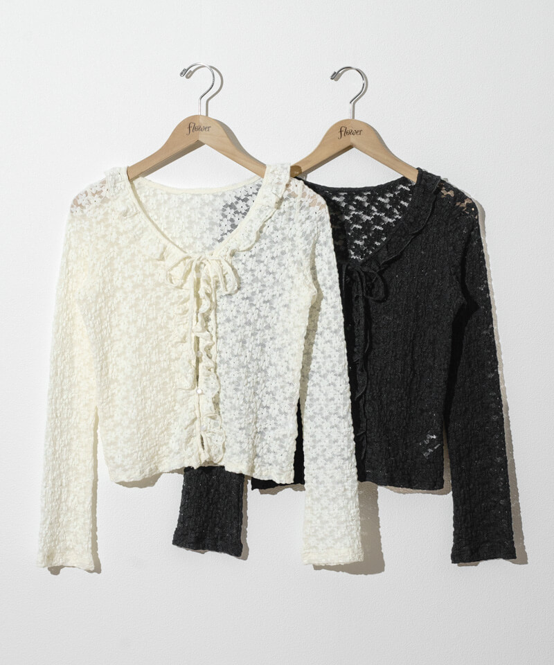 ワンダフルワールド レース編みフリル長袖カーディガン 黒　お花モチーフ frill lace cardigan～ﾌﾘﾙﾚｰｽｶｰﾃﾞｨｶﾞﾝ | flower／フラワー公式通販