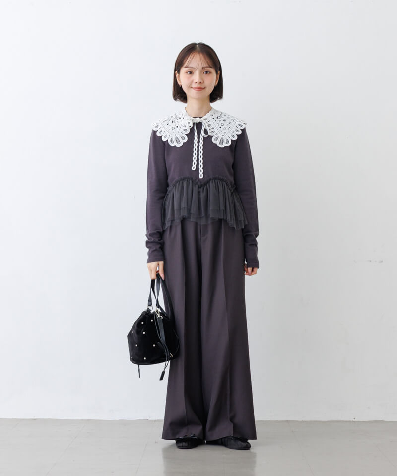 velour bijou shoulderをロングワンピースに合わせた全身コーディネート